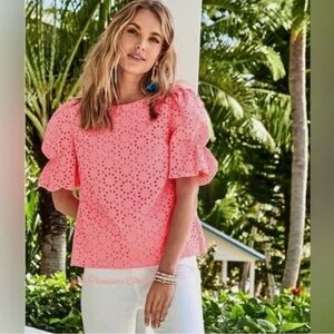 Lilly Pulitzer Shaila Puff-Sleeve Eyelet Blouse in Shellona Neon Sunburst S